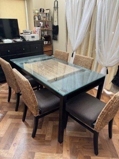 ラタン　バナナ皮　アジアン　ダイニングテーブル　椅子５点