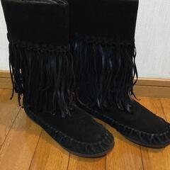 黒ブラックスエード調フリンジブーツ(フラッパー)の画像