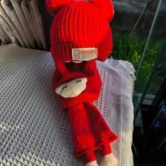 ブラウンコンビ　シンプルとんがり帽子　ニット帽　可愛いマフラー　韓国風