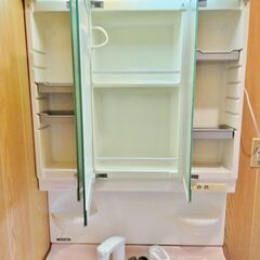 【750】大型ボウル三面鏡付シャンプードレッサー洗面化粧台ピンク混合水栓の画像