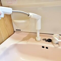 【750】大型ボウル三面鏡付シャンプードレッサー洗面化粧台ピンク混合水栓の画像
