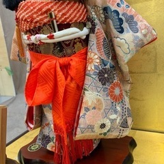 人形　市松人形　京甫作　アンティーク着物　京都西陣　正絹　和装小物付　和柄　禰豆子柄　麻の葉模様　ガラスケース付の画像