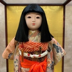 人形　市松人形　京甫作　アンティーク着物　京都西陣　正絹　和装小物付　和柄　禰豆子柄　麻の葉模様　ガラスケース付の画像