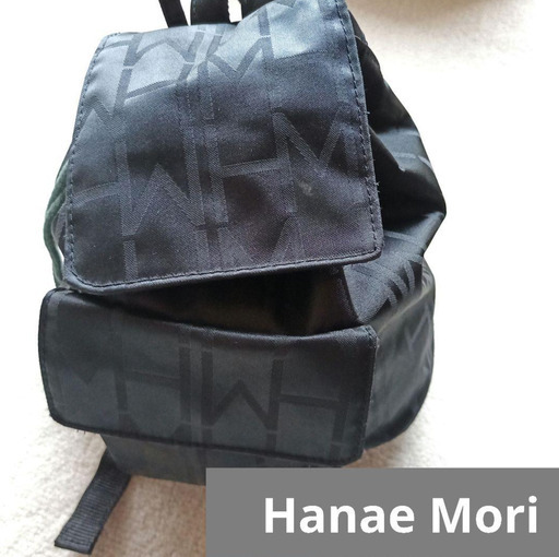 Hanae Mori リュックバッグ 黒 かわいい レディース 巾着式 ロゴ総柄