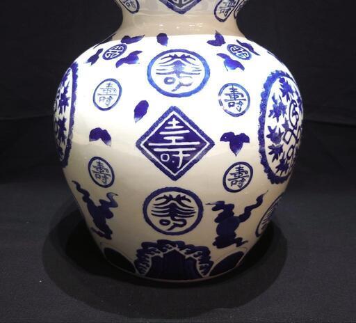 嶺東窯製 小琦 作 染付 瓢形 大壺 花入 花瓶 高さ約57cm 置物 中国美術