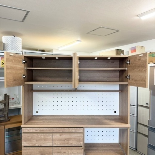 【超美品‼️】定価99,900円♪ 現行モデル 大川家具(ロウヤ) 140cm幅キッチンボード 食器棚 収納家具 木目調シャビーナチュ