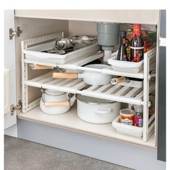 (取引中・受付停止)シンク下 収納 伸縮式 2段 ワイド 排水管をよけて設置できる 収納ラック 奥行40cm （ シンク下ラック キッチンラック 収納棚 シンク下収納 洗面台下 流し台下 コンロ下 幅伸縮 ラック 棚 可動棚 フリーラック 整理棚 キッチン ）の画像