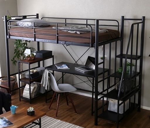 階段･宮付き(コンセント2口有り) ロフトベッド【黒】★取引決定しました★