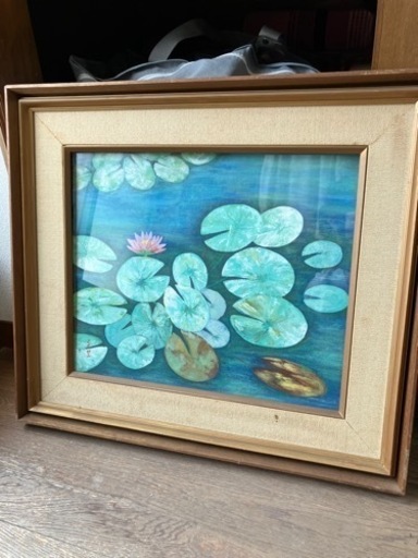 絵画　油絵　ハス　額入り