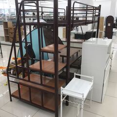 ★ジモティ割あり★ 株式会社ホームテイスト 階段付きパイプロフトベッド ダークブラウン H173.5×D100×W255 クリーニング済み HJ2107の画像