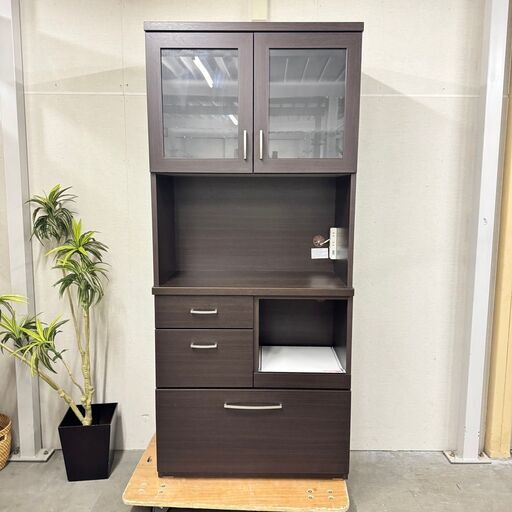 W 15961  NITORI 2枚ガラス扉キッチンボード　食器棚　幅80cm   ◆大阪市内・東大阪市他 5,000円以上ご購入で無