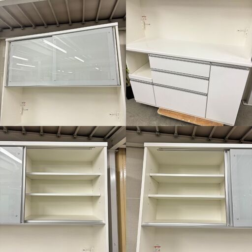 W 15960  松田家具 2枚ガラス扉キッチンボード　食器棚　幅約140cm   ◆大阪市内・東大阪市他 5,000円以上ご購入で無