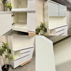 W 15960 松田家具 2枚ガラス扉キッチンボード食器棚幅約140cm ◇大阪市