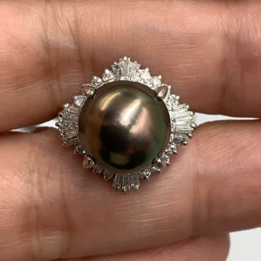 売り切れました。Pt900 プラチナ900 黒蝶真珠　パールリング　ピーコック　11.7g 約14号　ダイヤリング　D 0.76ct