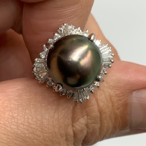 売り切れました。Pt900 プラチナ900 黒蝶真珠　パールリング　ピーコック　11.7g 約14号　ダイヤリング　D 0.76ct