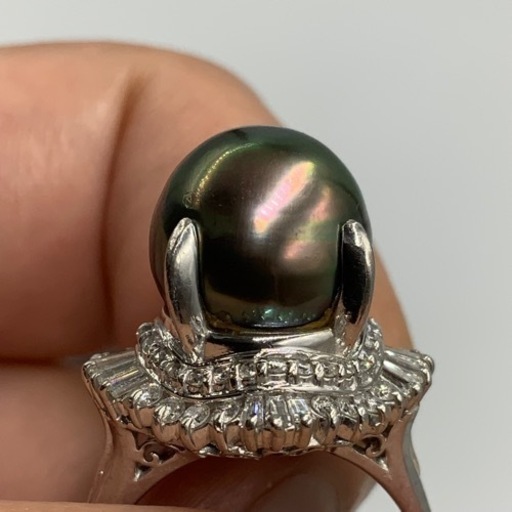 売り切れました。Pt900 プラチナ900 黒蝶真珠　パールリング　ピーコック　11.7g 約14号　ダイヤリング　D 0.76ct