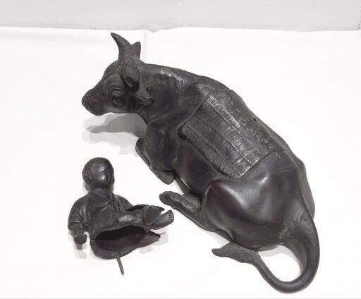 晃一】 牛乗り童子 子供 ブロンズ像 銅像 金属工芸 置物 動物 人