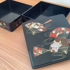 【中古美品】重箱　2段　扇子絵柄　黒