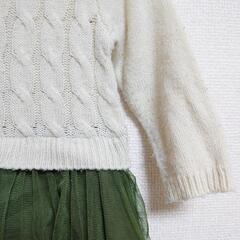 【80cm】子供服 ベビー服 女の子 秋冬 長袖ワンピース グリーン/アイボリーの画像