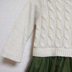 【80cm】子供服 ベビー服 女の子 秋冬 長袖ワンピース グリーン/アイボリーの画像