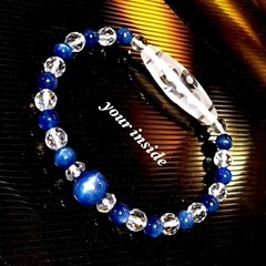 閃電五眼天珠型 水晶 カイヤナイト 天然石ブレスレットの画像