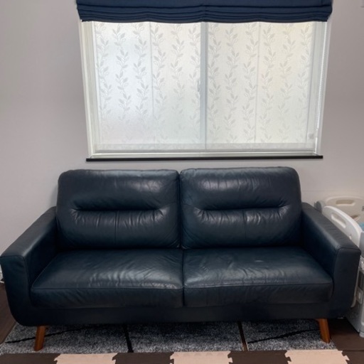 NITORI 3人掛けソファ　フェイクレザー　ネイビー　紺