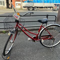 リサイクルショップどりーむ天保山店　No1030 自転車　ママチャリ　赤色　LEDオートライト付き　カゴ付き　荷台付き　27インチ　