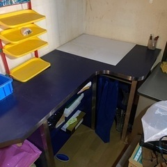 カウンターテーブル　カウンターデスク　L字型　大きな　大型　でっかい　木製　ブルー　シルバー　青の画像