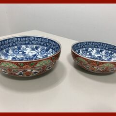 ▼【夫婦鉢　前畑陶器　飛鳥窯　色絵　未使用　大口径19㎝　小口径...