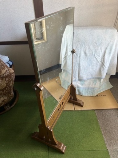 鏡　姿見　木製鏡　昭和レトロ　布製カバー付き　スタンドミラー　昭和　レトロ