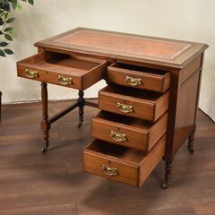 【ヤ取終了6/20】≪yt1114ジ≫ 英国アンティーク調 レザートップデスク 幅3ft(36in) 片袖机/レトロ/ヴィンテージ/チッペンデール 51118-08の画像