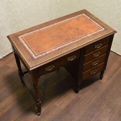 【ヤ取終了6/20】≪yt1114ジ≫ 英国アンティーク調 レザートップデスク 幅3ft(36in) 片袖机/レトロ/ヴィンテージ/チッペンデール 51118-08の画像