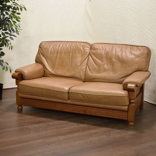 【ヤ取終了9/13】≪zyt1300ジ≫ 2人掛け本革ソファ 木製フレーム ブラウン系 幅164cm/座面幅120cm ブランド不明/DELANO DECOR？ 60106-11