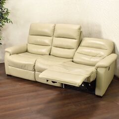 【ヤ取終了2/16】≪zyt1302ジ≫ ニトリ 3人掛け電動リクライニングソファ Nビリーバ レザー アイボリー系 本革/USB/フラット/3P 60106-08