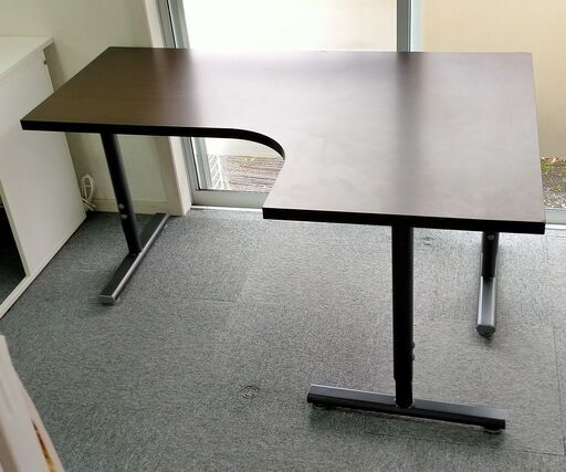 【中古】L字型 ワークデスク 140×100×59.4～87.4 茶色 ブラウン 机 デスク