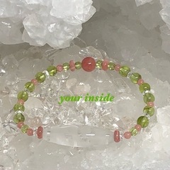 水蓮花天珠型 水晶 インカローズ ペリドット 天然石ブレスレットの画像