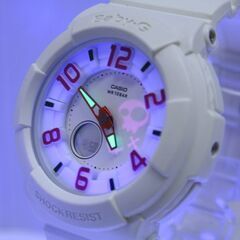 動作品 CASIO Baby-G BGA-133-7B 海外モデル ネオンダイヤル ホワイト×ピンク スカルシルエット アナログデジタル 札幌市 清田区 平岡の画像