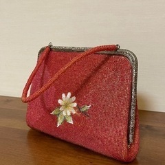 高級ビーズハンドバッグ レトロバッグ 和装バッグ 本金刺繍糸 正絹 銀粉加工ビーズ刺繍 花柄模様 ( 15 x 20 cm )の画像