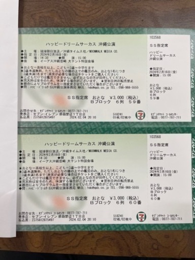 ハッピードリームサーカス　沖縄公演　SS指定席大人2枚