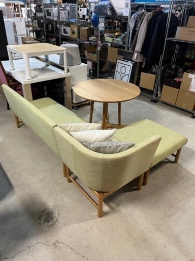 ☆高級家具セット!!☆ 総額38万相当 アクタス 天然木ダイニングセット THYMEシリーズ ラウンドテーブル ソファ コーナーソファ オットマン おまけクッション付き!!