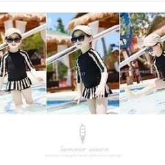 (カエナリエ) 子供 セパレート 水着 ラッシュガード 黒 ストライプ ターバンの画像