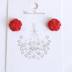 バラ　イヤリング　赤 ハンドメイド　ノンホールピアス
