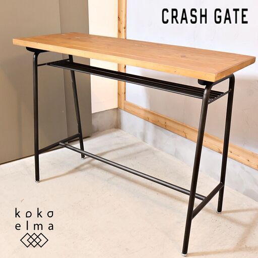CRASH GATE(クラッシュゲート)のSCOTT(スコット)カウンターテーブルです。パイン古材とスチールがブルックリンスタイルなどにおススメ！壁に寄せて置くことでちょっとした寛ぎスペースにも♪