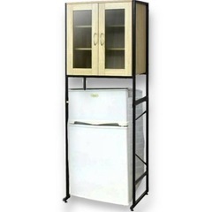 未使用 幅60㎝ キッチンラック/上段収納付オープンラック 食器棚 ガラス扉 MK1216 オーク 要組立 棚を外すと2ドア冷蔵庫が置けます。の画像