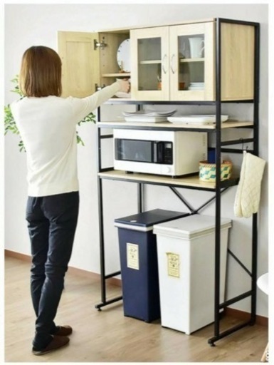 未使用 幅90㎝ レンジボード / 上段収納付オープンラック ガラス扉 MK1217 オーク 要組立 棚を外すと2ドア冷蔵庫が置けます