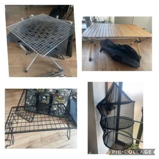 キャンプ用品一式（焚き火台ファイアグリル、アウトドアテーブル、フィールドラック、ドライネット4点セット）