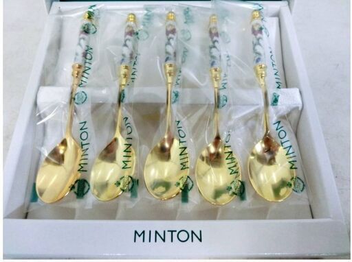 【　未使用　】MINTON　ティースプーン　5本セット　ハドンホールHH002G　グリーン　カトラリー　ゴールド　シュガースプーン　ミ