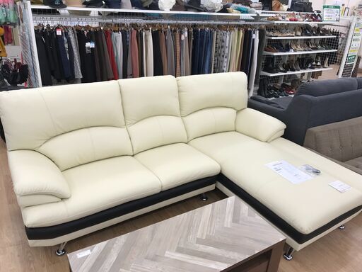 ★ジモティ割あり★ ヤマダオリジナル カウチソファ　本革ソファ ホワイト H94×W240×D180 クリーニング済み KJ4363