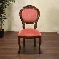 ≪zyt1345ジ≫ アンティーク調 猫脚ダイニングチェア 布張り ピンク ガブリオールレッグ/彫刻/イタリア/クラシック家具 背面破れ 60114-11の画像