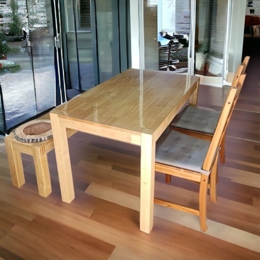 ★八1549【ダイニングセット】IKEA ダイニングテーブル　チェア　ベンチセット　おしゃれ　インテリア　切り株クッション